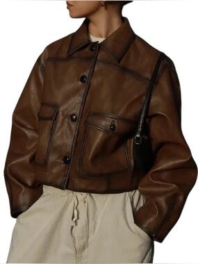 Cropped Brown Faux Leather Button Jacket